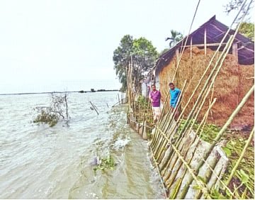 সুনামগঞ্জে বর্ষায় হাওরের ঢেউ থেকে বসতভিটা রক্ষার লড়াই